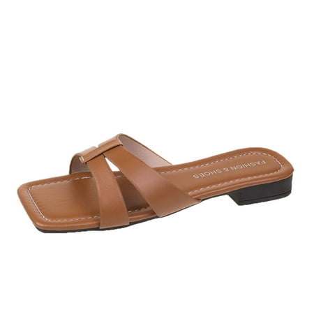 

Mortilo Womens Shoes Summer Slippers Soft Sole Flat Fashion Casual Square Toe Outer Beach Sandals PU slipper for Women Brown