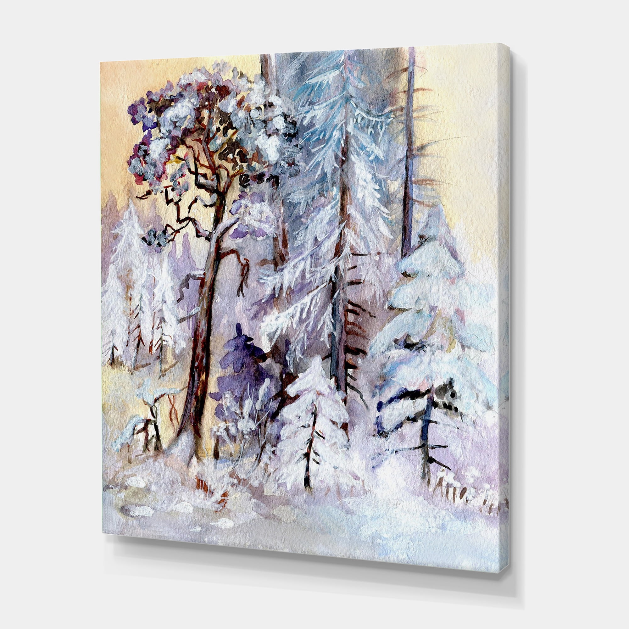 Designart ' The Lake With Winter Snowy Forest ' Lake House Canvas Wall Art Print
