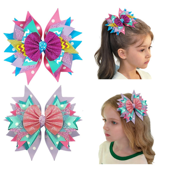JoyBowie 2 Pcs 7 in Baby Bows Hair Clips, Glitter Layered Bow Hair Accessories for Toddlers Girls
