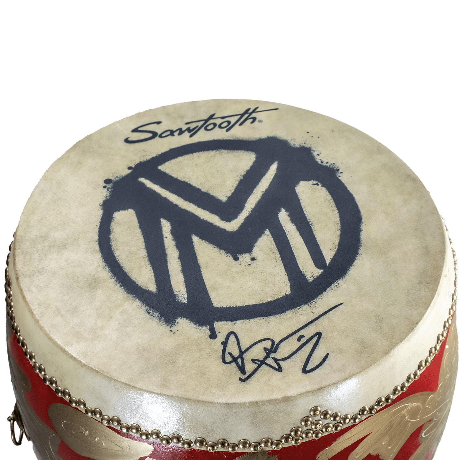 Sawtooth Bruce Dickinson Signature Hand-Painted Golden Dragon Taiko Drum – 24” x 26” Birch Wood with Cowhide Heads, Gold Suspension Rings & Foldable Wooden Riser
