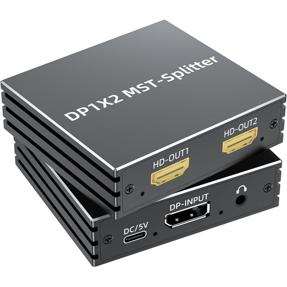 Adaptador DP a HDMI Dual 4K@60Hz, MST Hub 1-en-2 para monitores duales (modo ext/esp), con salida de audio, comp. con GPU NVIDIA/AMD y PC – incluye cable de alim.