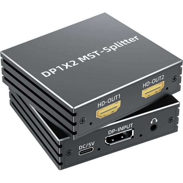Adaptador DP a HDMI Dual 4K@60Hz, MST Hub 1-en-2 para monitores duales (modo ext/esp), con salida de audio, comp. con GPU NVIDIA/AMD y PC – incluye cable de alim.