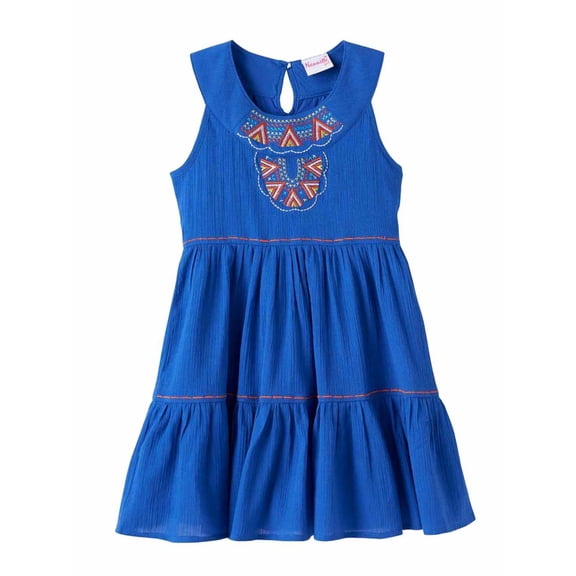 Girls Blue Aztec Print Emroidered Sleeveless Tiered Summer Dress 5