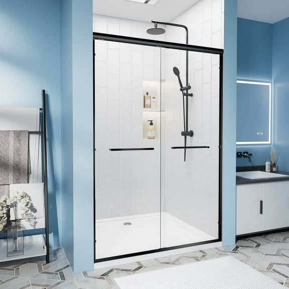 Rizzon 56–60 x 72 Inch Matte Black Double Sliding Shower Door, Semi-Frameless Tempered Glass Bathroom Door, Aluminum Frame