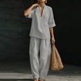 thumbnail image 4 of jobturf Summer Two Piece Sets for Women Going Out Linen Lounge Set V Neck 3/4 Sleeve T Shirts and Pants Matching Vacation Outfits S-XXL, 4 of 7