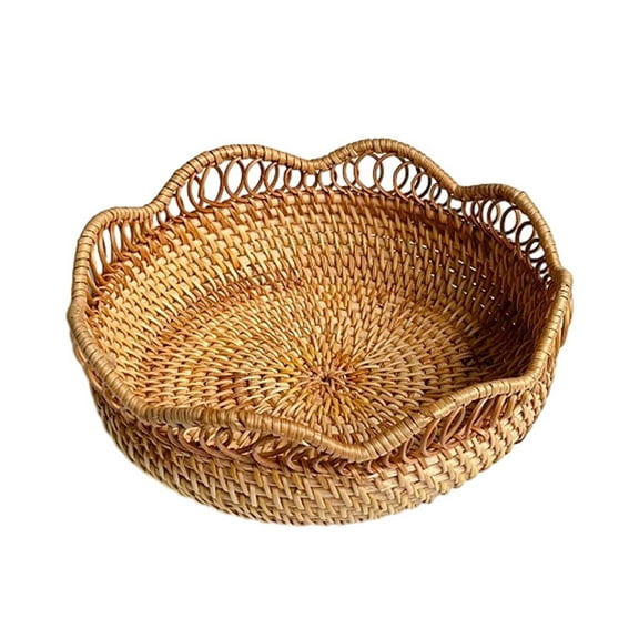 Rattan Round Serving Tray, Fruit Basket Display Platter Food Organizer, Hand Woven Woven Serving Basket Bowl Wicker Tray for Drink Countertop S