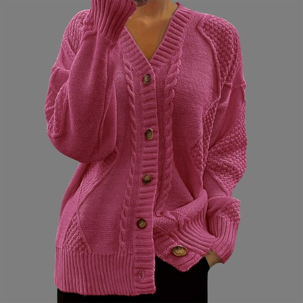 Suéter de cuello en V para mujer, cárdigan de punto de manga larga de color liso con cuello en V y blusa con botones.