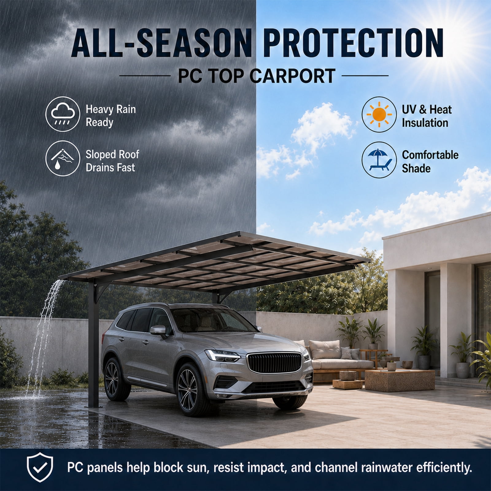 Mintazer 10x12ft Outdoor Wall-Mounted Patio Canopy, Heavy Duty Metal Awning with PC Roof, Freestanding Sun Shelter for Backyard, Bike, Grill & Patio Seating