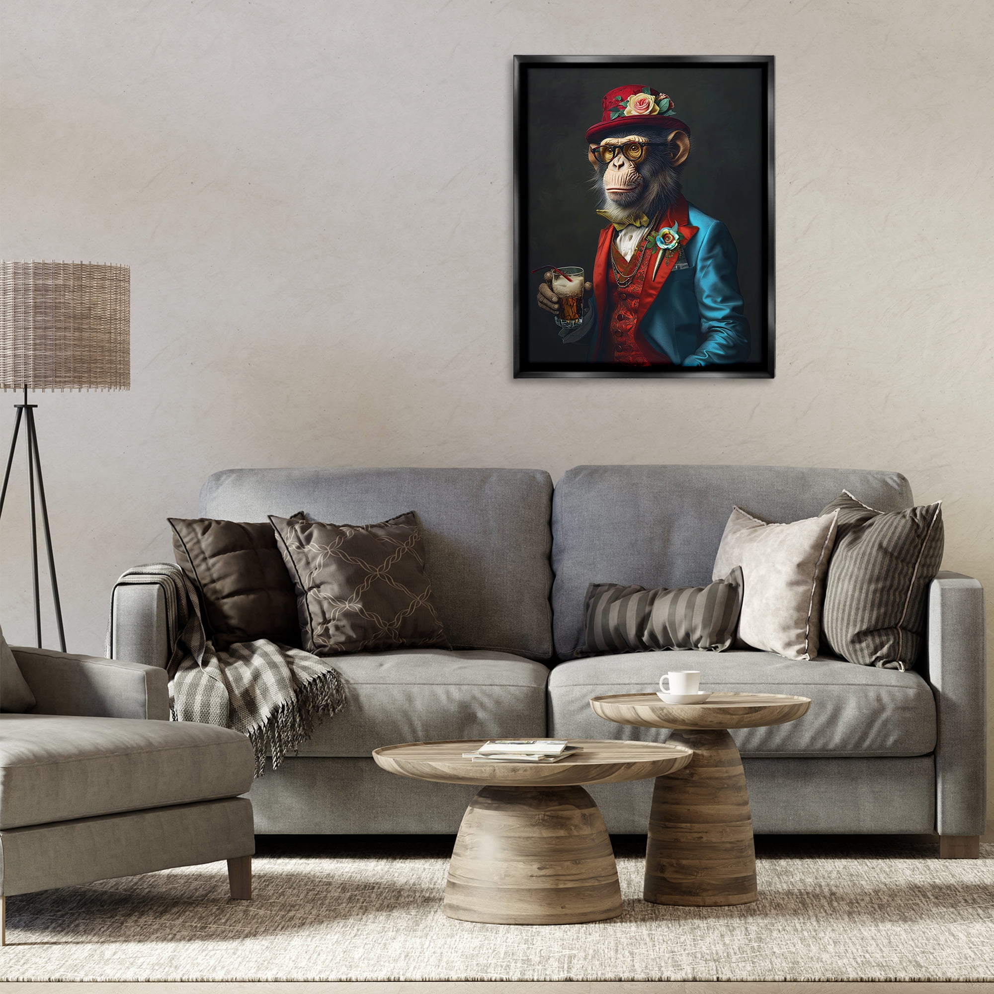 Stupell Industries Monkey with Fancy Outfit Animals & Insects Painting Black Floater Framed Canvas Art Print Wall Art, 25 x 31