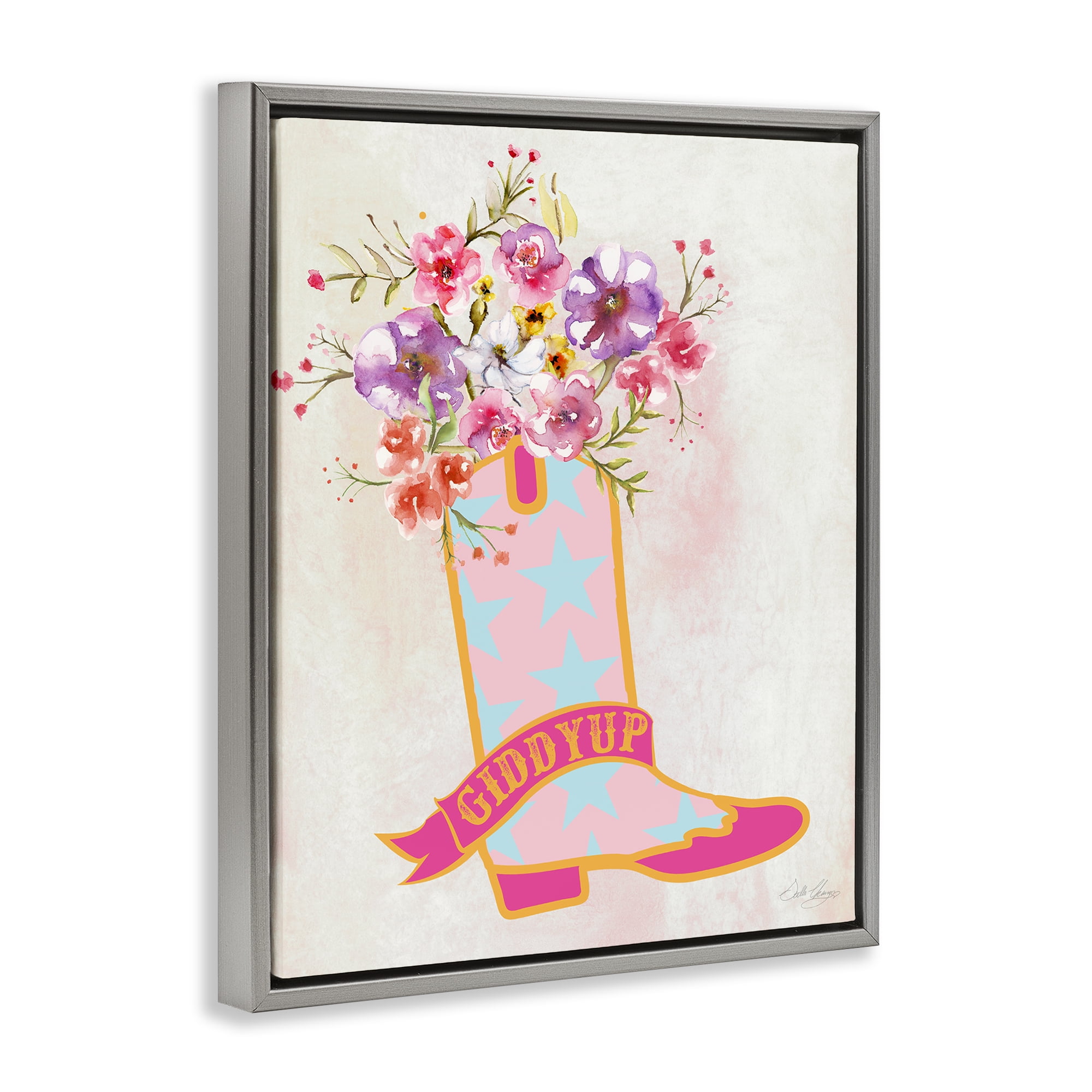 Stupell Industries Giddy Up Floral Cowgirl Plants & Flowers Painting Gray Floater Framed Canvas Art Print Wall Art, 25 x 31