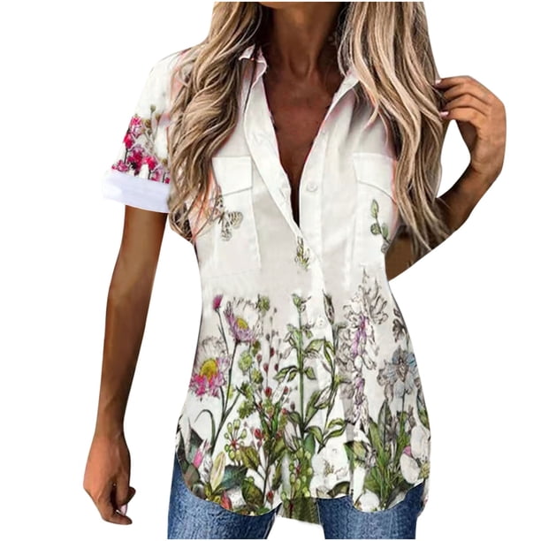 Moda mujer solapa impresión botón frontal cárdigan manga corta camisa Tops abrigo Pompotops hkajfhjk474186