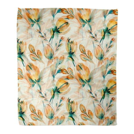 SIDONKU Throw Blanket Warm Cozy Print Flannel Colorful Flower Floral Watercolor Spring with Hand Tulips Green Abstract Color Comfortable Soft for Bed Sofa and Couch 50x60 Inches