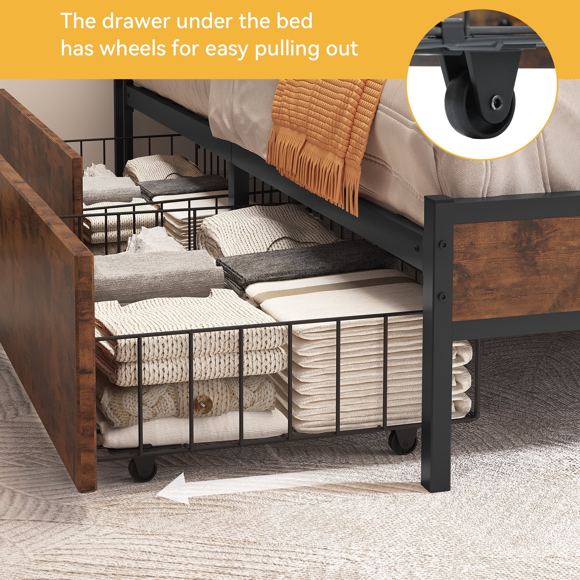 Uforic - Queen Size Bed Frame with Headboard, Metal Platform Bed with 4 Storage Drawers and Charging Station, Easy Assembly, Brown