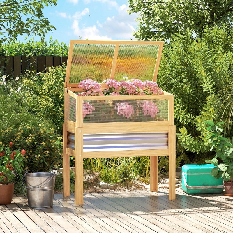 Alvantor Natural Wood 35.4"x 19.7"x39.2"Elevated Raised Planter with Flip-Up Greenhouse Cover