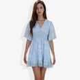 thumbnail image 4 of Women's V-Neck Short Sleeve Lace Mini Dress- Large, Light Blue, 4 of 5