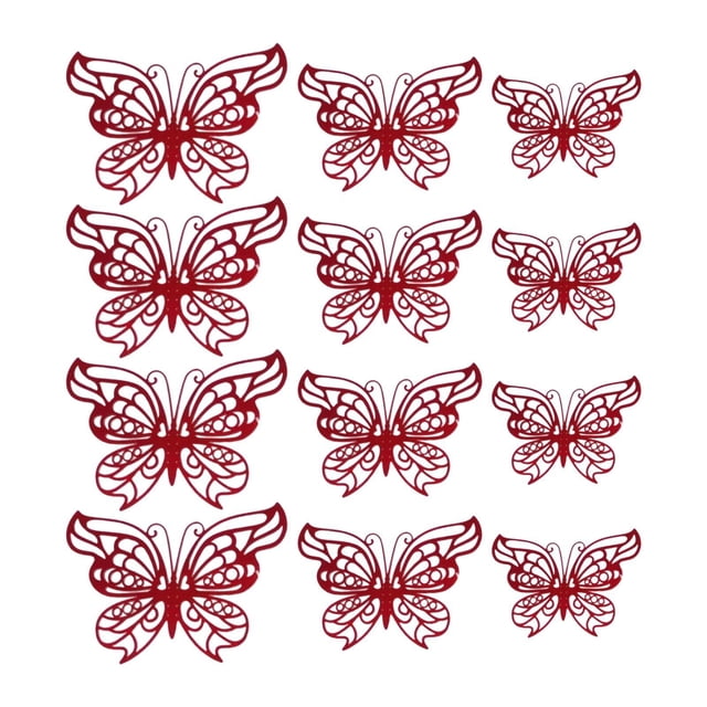 Paquete de 12 pegatinas de pared 3D de mariposa hueca para decoración de pared, impermeables, 3 tamaños para accesorios de decoración de boda Rojo