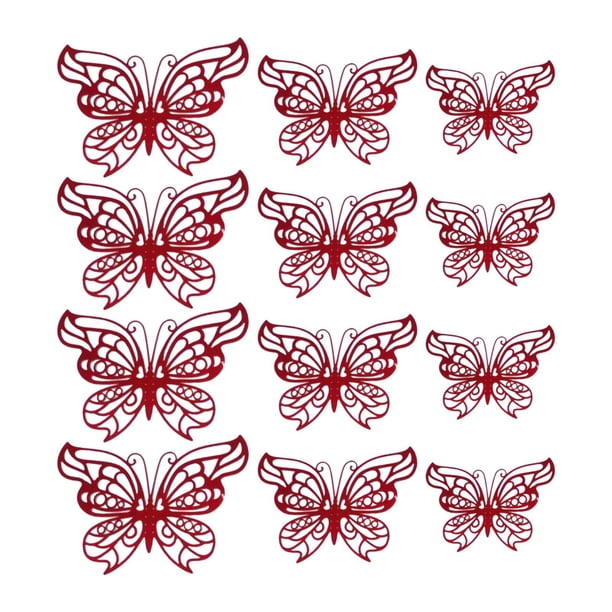 Paquete de 12 pegatinas de pared 3D de mariposa hueca para decoración de pared, impermeables, 3 tamaños para accesorios de decoración de boda Rojo