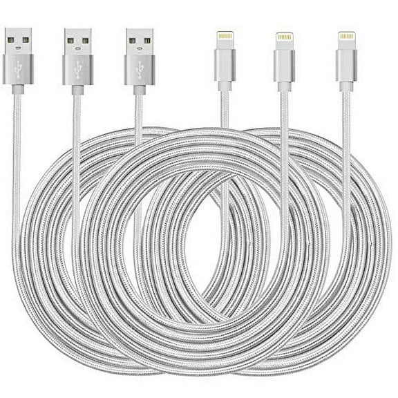 Chargers, Nylon Braided 3-Pack 10FT/3M Fast Charging USB Cables Cords, Aluminum Connector, Case Compatible (Silver)