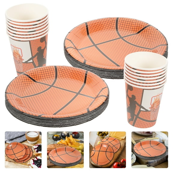 OUNONA Basketball Party Supplies Paper Cups and Plates Set Disposable Tableware for Parties Orange 40PCS