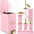 thumbnail image 1 of Juego de accesorios de baño con papelera de acero inoxidable, cepillo para inodoro, juego para cepillo de dientes y dispensador de jabón, 8 piezas, color rosa y dorado, 1 of 4