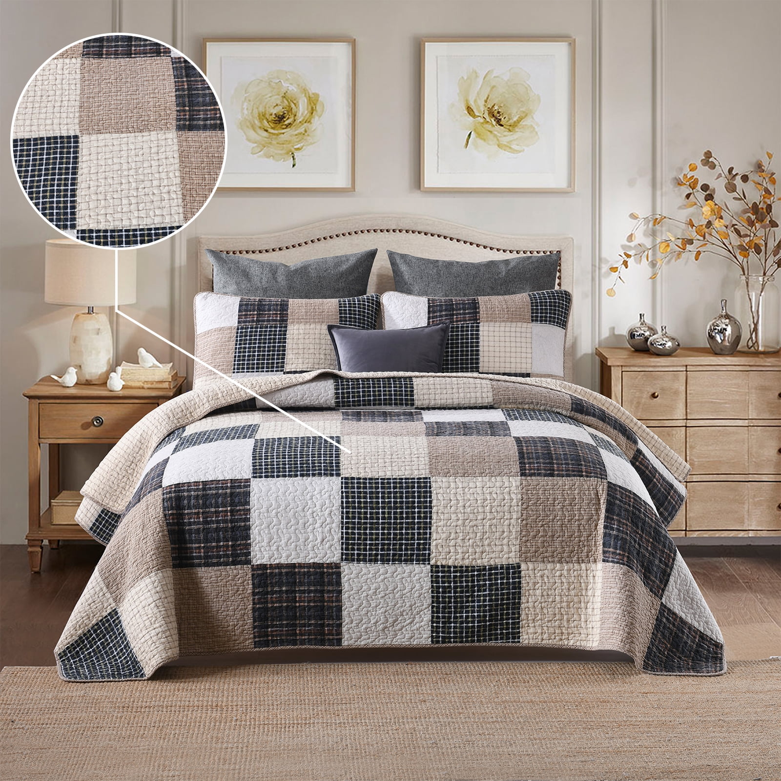DDUOXIN Real Patchwork Plaid Cotton Quilt - 100% Cotton King Size Quilt, Lightweight Brown Black Beige Rustic Quilts Bedspread for King Bed, Neutral Reversible Coverlet/Comforter Set, 3 Piece, 98x106