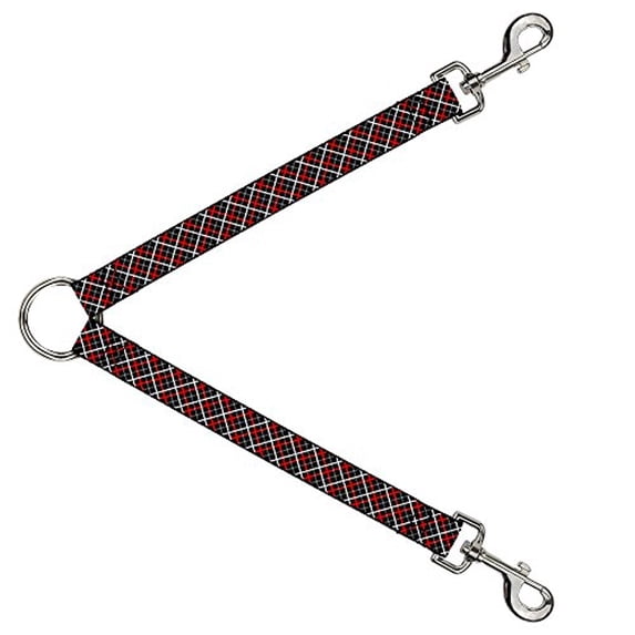 Buckle-Down Leash Splitter - Criss Cross Plaid Black Gray Red - 1" Wide - 30" Length