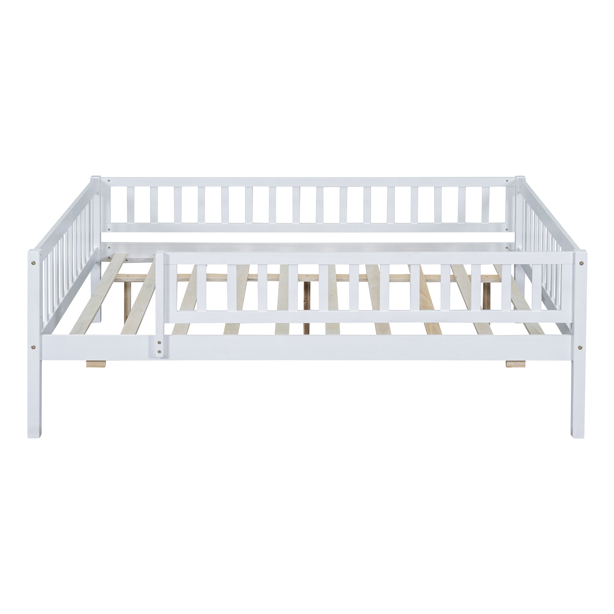 Full Size Wood Daybed with Trundle and Fence Guardrails, White