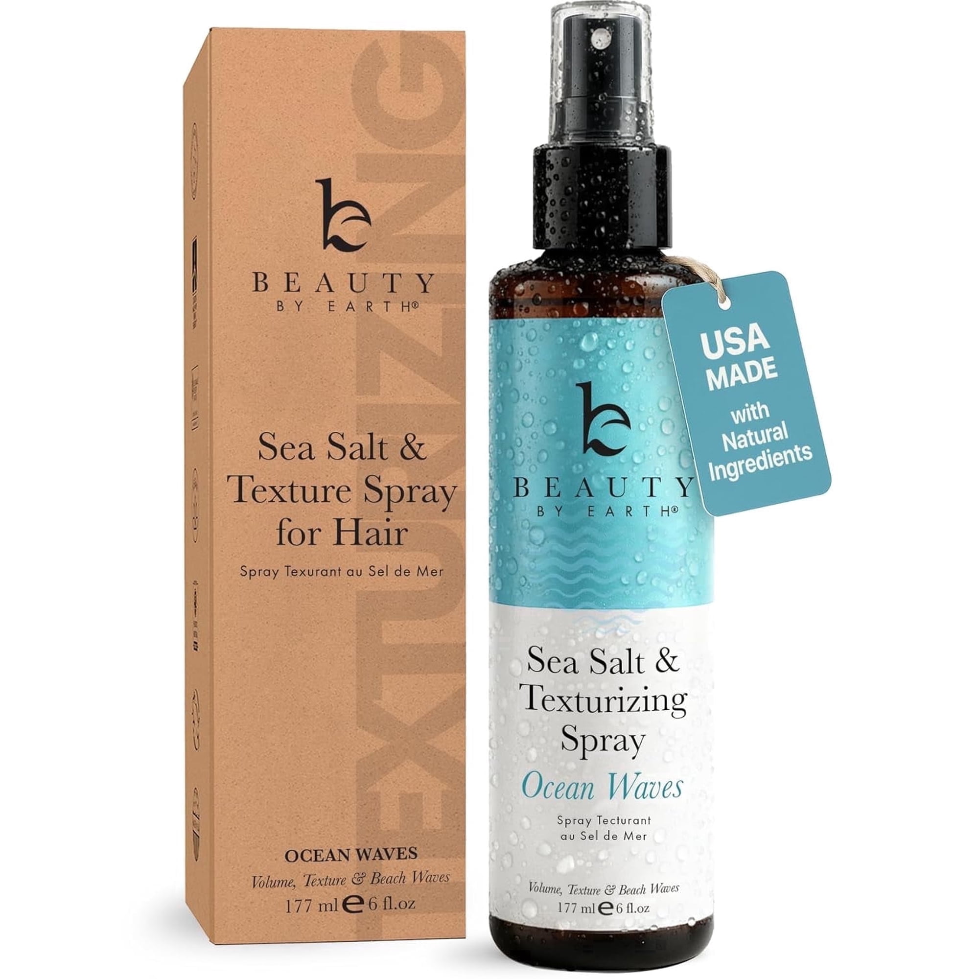 Beauty by Earth Sea Salt Texturizing Hair Spray - USA Made with Natural Ingredients Non-Aerosol Volumizing Spray for Perfect Beachy Waves, 6 fl oz