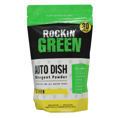 - Rockin' Green Auto Dish Dishwasher Detergent - Natural Dishwasher Soap With Plant-Derived Enzymes and Scrubbing Agents - No Residue, No Water Spots AND No Dyes, Chlorine, or Toxic Junk (16 oz.)