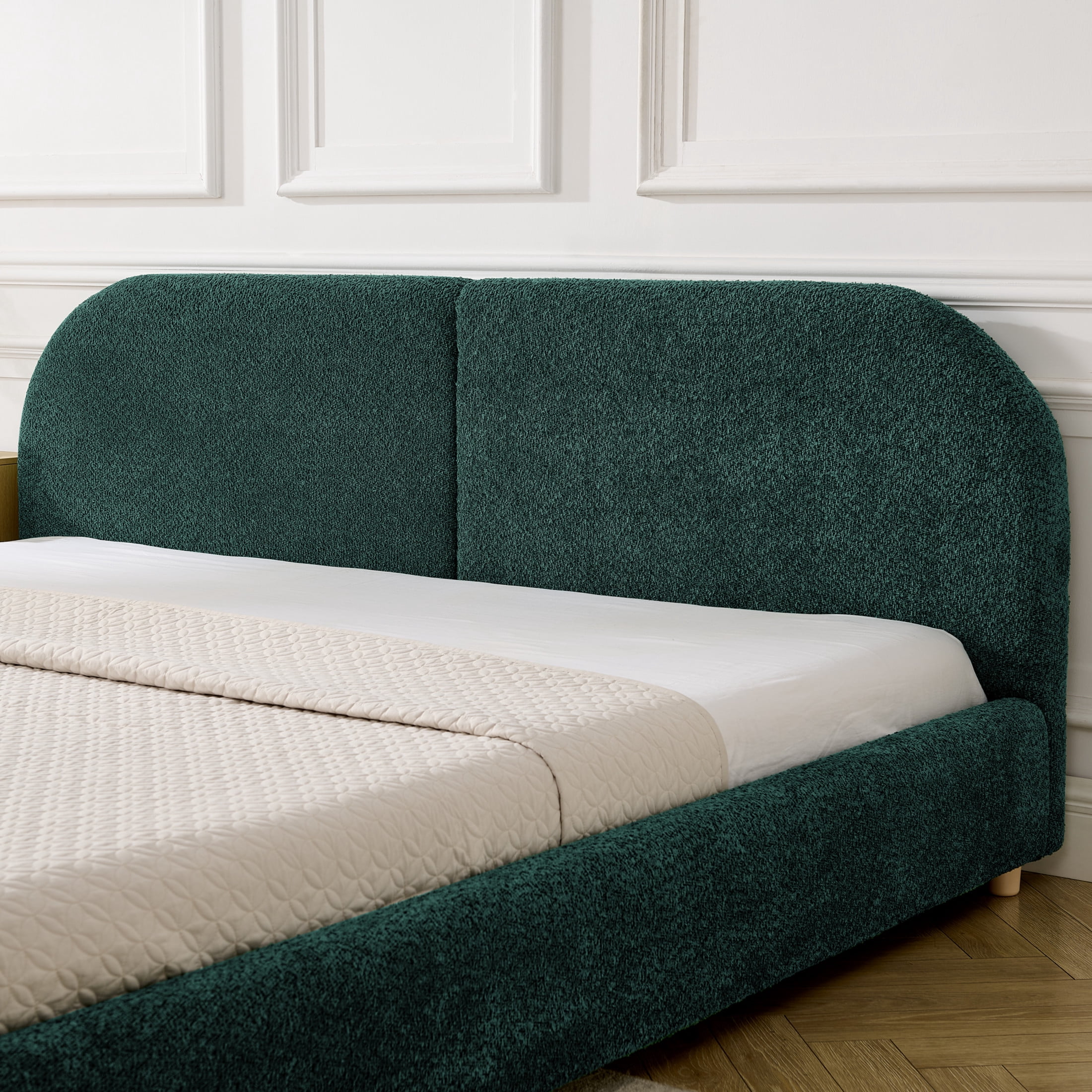 Noble House Roland King Size Yarn Upholstered Bed Frame, Tall Curved Headboard Platform Bed, Sturdy Support, Green