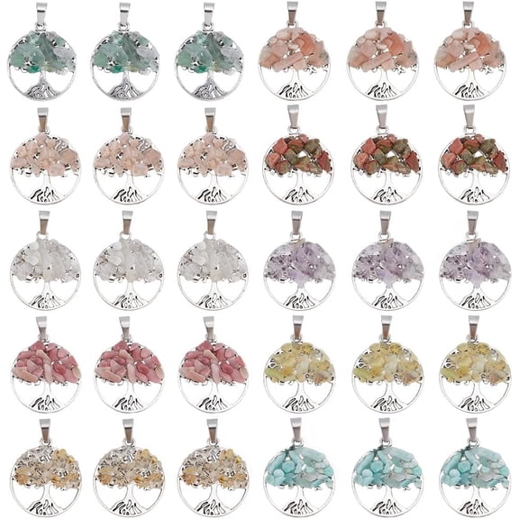 30Pcs 10 Colors Tree of Life Charms Gemstone Charm Gemstone life Tree Charms Natural Alloy Flat Round Mixed Stone for for Keychain Jewerly Gift Decor Hole:6x4mm