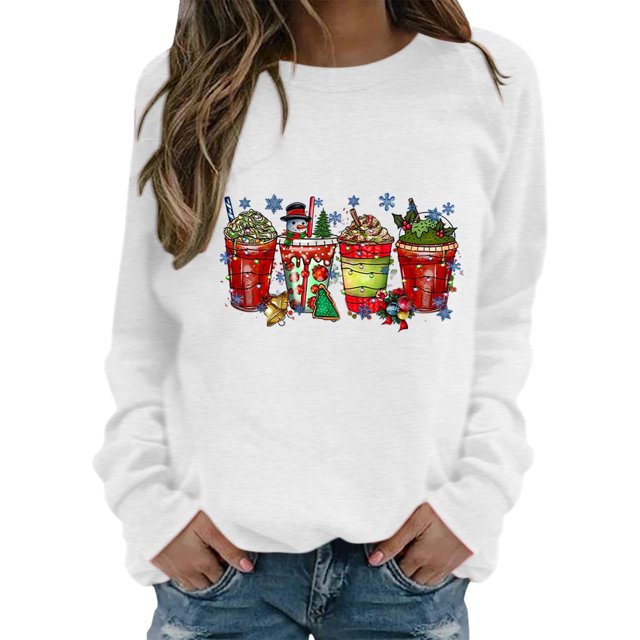 Top Gibobby Cuello Redondo Suelto Informal Estampado Lindo Mujer Suéter Navidad Blanco XL