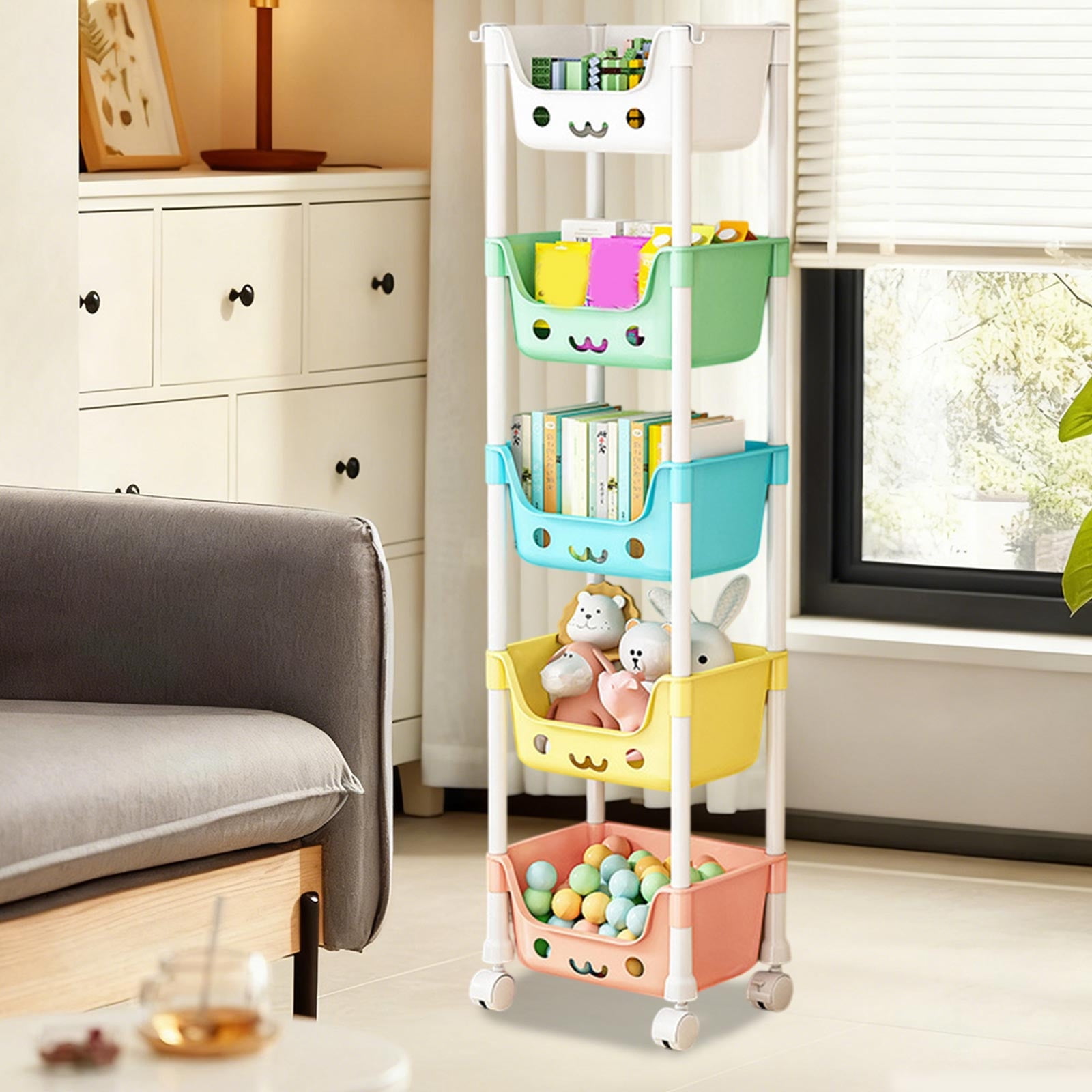 5-Tier Rolling Cart with Wheels, Kids Toy Storage Organizer with Lockable Wheels, Plastic Multicolor Snack Books Organizer Rack for Bedroom Playroom, 49.2"x13"x8.7"