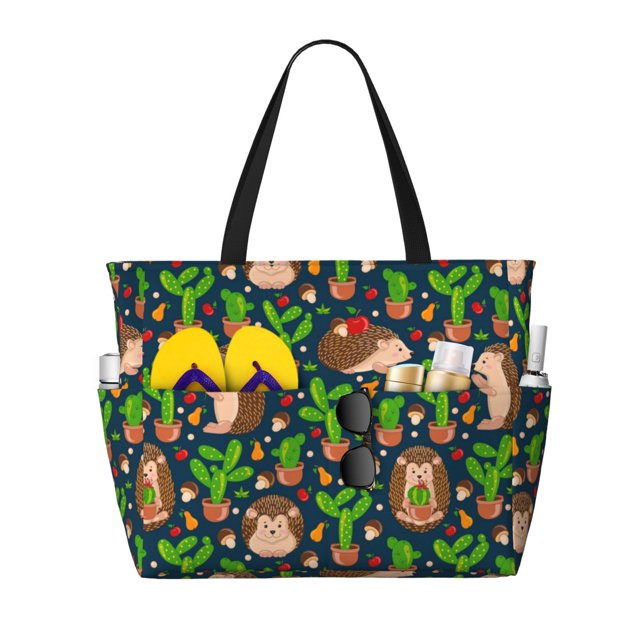 Disketp Cute Hedgehogs Cactus Blue Bolsa de Playa de Gran Capacidad, Bolso Impermeable y a Prueba de Arena para Mujer, Ideal para Playa, Piscina y Natación