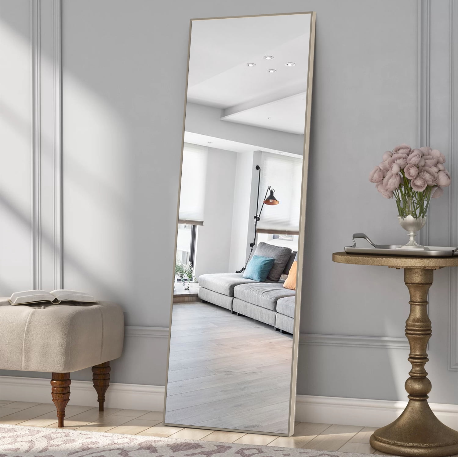 65"x22" Modern Aluminum Alloy Frame Rectangle Floor Mirror Full Length Mirror,Beige