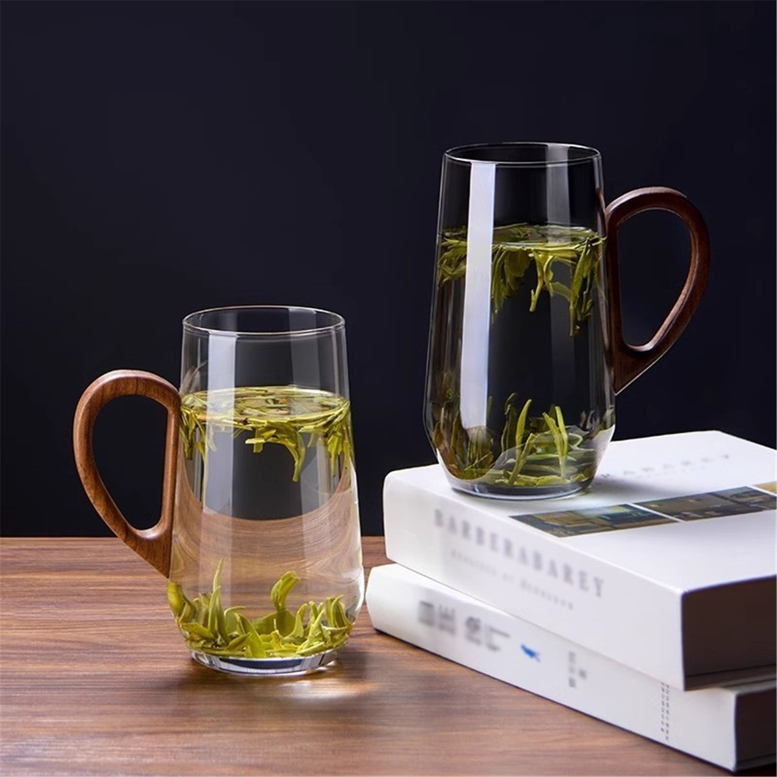 Glass Mug with Wooden Handle, Clear Borosilicate Glass Cup for Tea, Latte, Espresso Coffee and Juice, 17.6oz/500ml