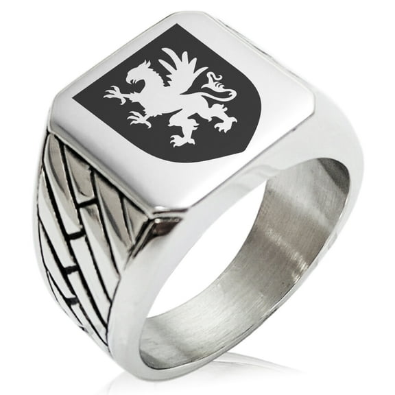 Tioneer Stainless Steel Griffin Valor Coat of Arms Shield Geometric Pattern Biker Style Polished Ring