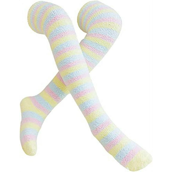 Zhuge Over Knee High Stockings Stripes Fuzzy Socks Coral Velvet Thigh High Stockings for Girls Women