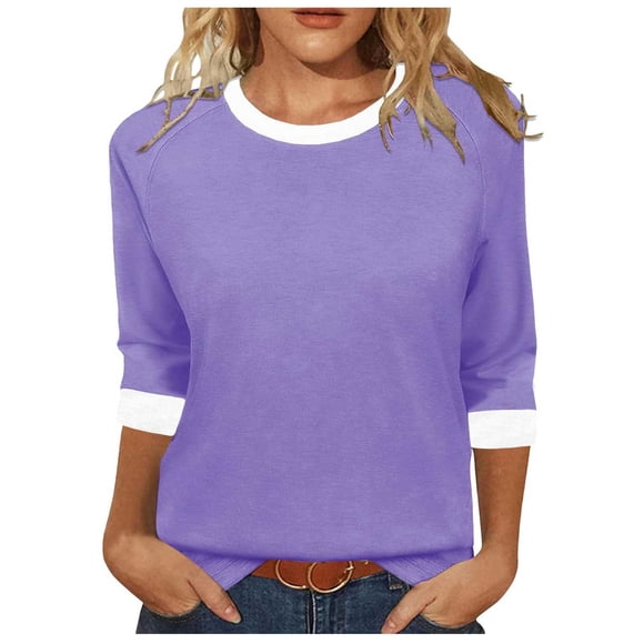 Hngshg Women's T Shirts Color Block 3/4 Length Sleeve Loose Trendy Solid Color Business Casual Blouses Summer Workout Office Tops
