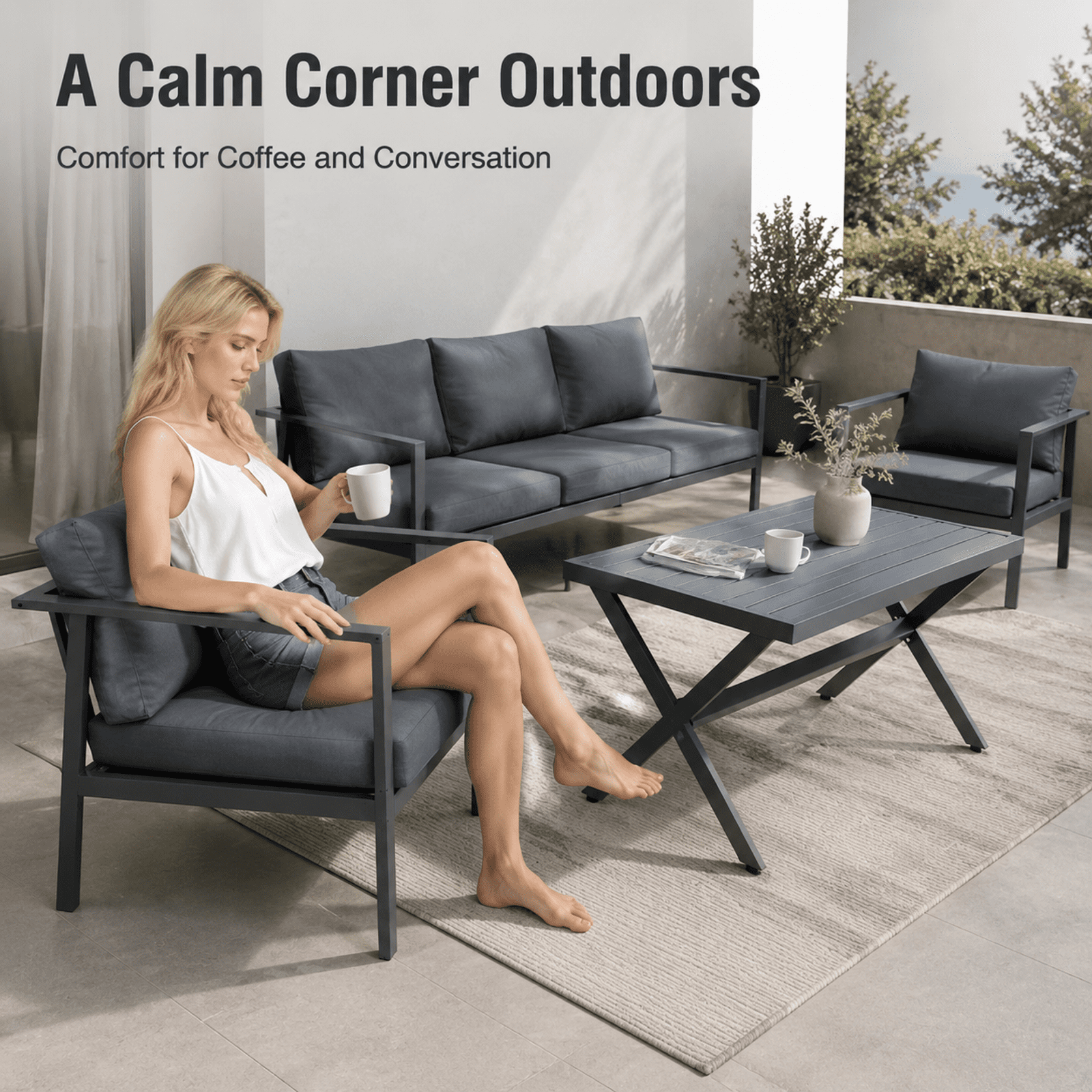 Aluminum Patio Furniture Set with Slim Armrests,5 Seat Modern Outdoor Conversation Set with Cushions and Coffee Table,Metal Patio Sofa Set Gray