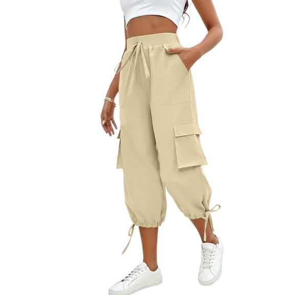 Lmueinov Women's High Waist Cargo Capri Pants, Drawstring Adjustable Hem Casual Outdoor Trousers with Multi Pockets, Loose Fit Daily Wear Pants S-2XL