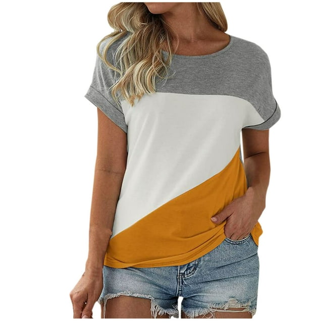 Blouses pour Femmes, Haut à Col Rond à Manches Courtes et à Blocs de Couleur pour Femmes