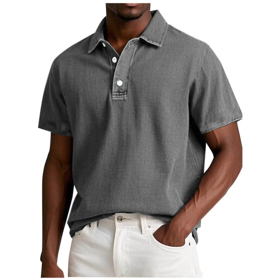 BFHHYA Men's Vintage Washed Tee Shirts Button Up Collared Short Sleeve Tops Casual Denim Shirts