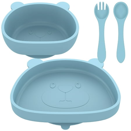 

Baby Plate and Bowl Set with Suction Reusable Silicone Baby Tableware Set with Flexible Fork Spoon BPA-Free Baby Led Weaning Supplies Washable Microwave Safe Self Feeding Utensils for Toddler Home