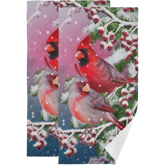Winter Christmas Red Birds Hand Towels 2 PCS, Funny Bird Tree Kitchen Towel Ultra Soft and Highly Absorbent,Decorative Fingertip Face Towel for Bathroom Hotel, 28.3"x14.4"