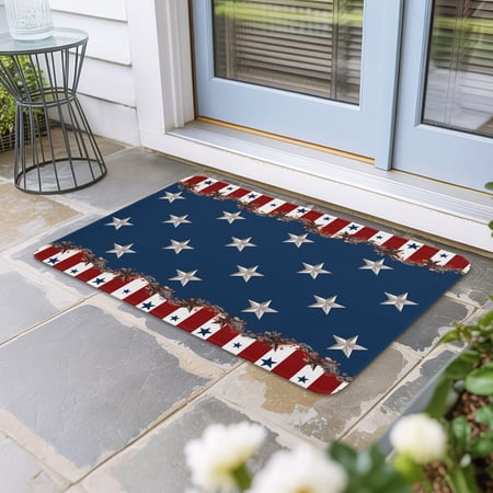 Country Star Farm Door Mat Indoor Outdoor,Red Blue Patriots Stripe American Flag Non Slip Welcome Mat with Rubber Backing,Absorbent Fabric Front Door Mats Entryway Rug for Home Patio Entrance 24"x36"