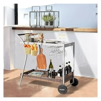 Outdoor Bar Table with Rolling Wheels, Outdoor Bar Cart Patio Wicker Bar Counter Table with 2 Steel Shelves and 2 Sets of Rails, Ideal for Garden, Backyard and Pool Side, Gray