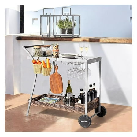 Outdoor Bar Table with Rolling Wheels, Outdoor Bar Cart Patio Wicker Bar Counter Table with 2 Steel Shelves and 2 Sets of Rails, Ideal for Garden, Backyard and Pool Side, Gray