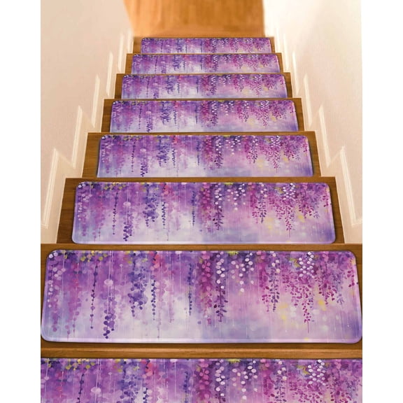 Purple Botanical Stair Treads for Wooden Steps Indoor Runner Rug Carpet,Watercolor Spring Floral Oil Painting Elegant 7 Pieces Peel and Stick Staircase Step Treads Covers Throw Door Mats,30"x8"