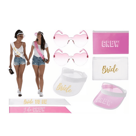 16 Pc Bachelorette Party 4 people Kit glasses sashes visors pouches white pink